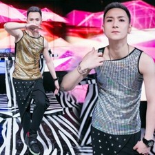 Men Square Sequins Vest Bling Glitter Checks Tank Tops Undershirt Club Wear Punk