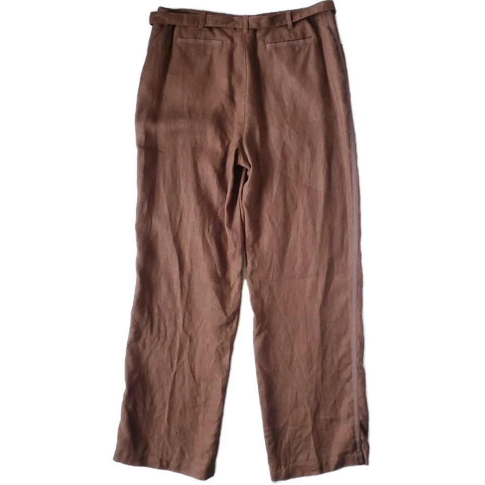 Pantalones de lino de pierna ancha para mujer 10 bolsillos marrones cinturón lazo Lagenlook rayas laterales Foto 2 de 4