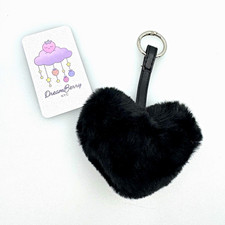 Black Plush Heart Keychain Bag Charm   Silver-Tone Clip