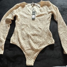 Fashion Nova Beige Long Sleeve One Piece Bodysuit Solid Size M