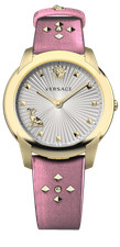 Versace Watch Audrey 38mm Gold Steel Silver Dial Pink Leather Strap WR 5 ATM