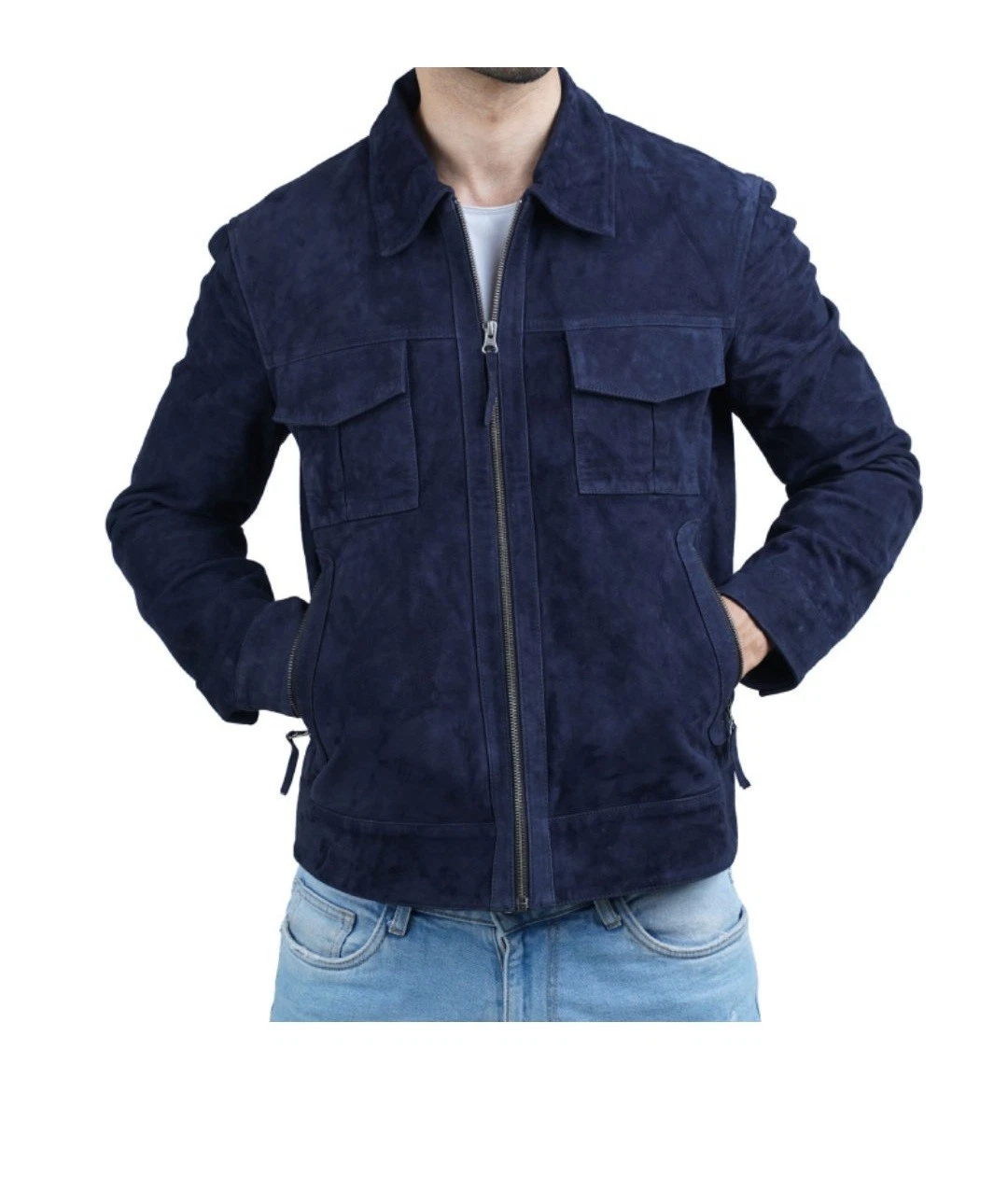 Men's Real Suede Leather Navy Blue Trucker Jacket Classic Biker Zipper Jacket