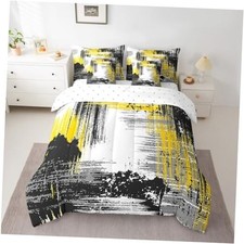 7pcs Abstract Comforter Set Modern Abstract Art Bed Set King Yellow Black Grey