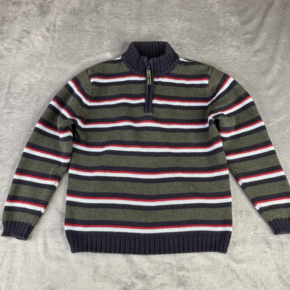 Suéter Lands' End Niños Mediano 10-12 Verde Azul Marino Rayas 1/4 Cremallera Cuello Simulado Algodón Foto 2 de 4