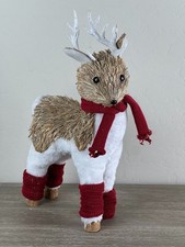 Winter Deer Figurine 14" Rustic Twig Fur Reindeer with Scarf Holiday Christmas D
