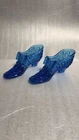 Vintage Fenton Blue Glass Slippers Daisy & Button Pattern With Bow
