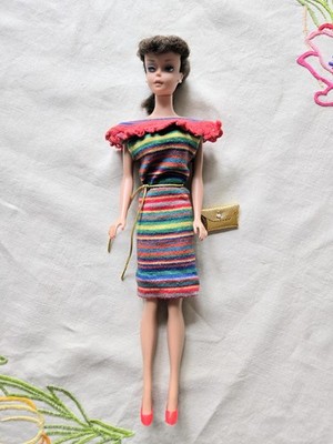 Vintage 1960s PONYTAIL BARBIE brunette #6 #7 + Striped SPECTATOR SPORT PAK dress