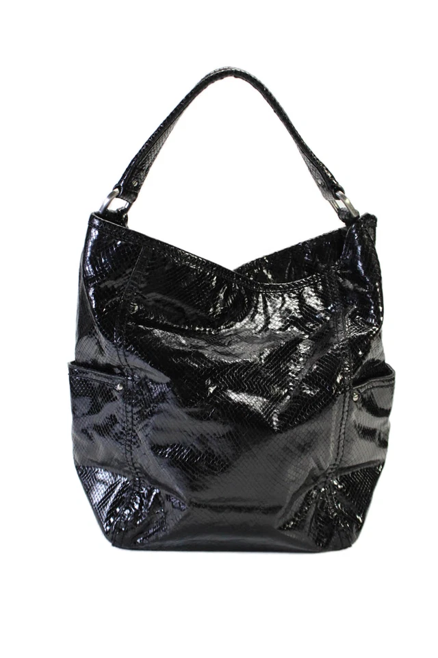 Cole Haan Womens Snakeskin Slouchy Top Handle Hobo Shoulder Bag Black Size M - Image 3 of 4