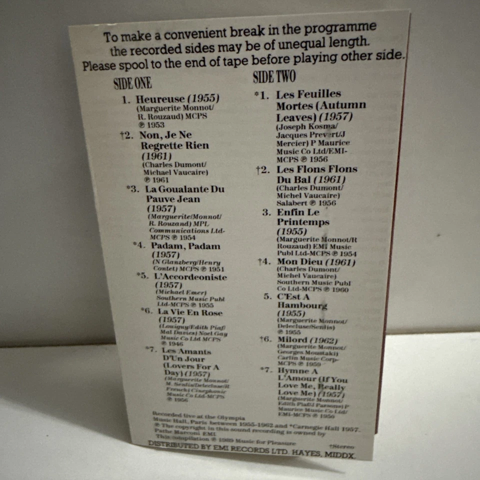 The Legendary Edith Piaf compilation Cassette Tape 1989 02a - Image 2 of 3