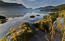 Landscape lake fall fallen leaves mountains nature Custom Gaming Mat Desk