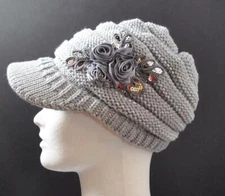C.C Exclusives Knit Metallic Gray Hat Cap Flower Ribbon Sequin Piping Brim P1