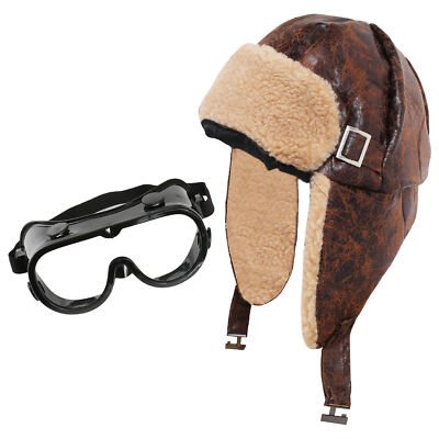 FLIEGENHELM KÄMPFERPILOT SCHAFFELL FLIEGERMÜTZE UND BRILLE BIGGLES KOSTÜM
