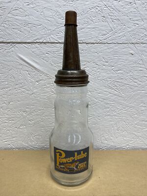 Power lube Motor Oil Bottle Spout Cap Glass Vintage Style Gas Station