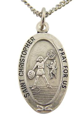 Silver Tone Saint Christopher Sports Medal for Girl Cheerleading Athlete, 1 Inch