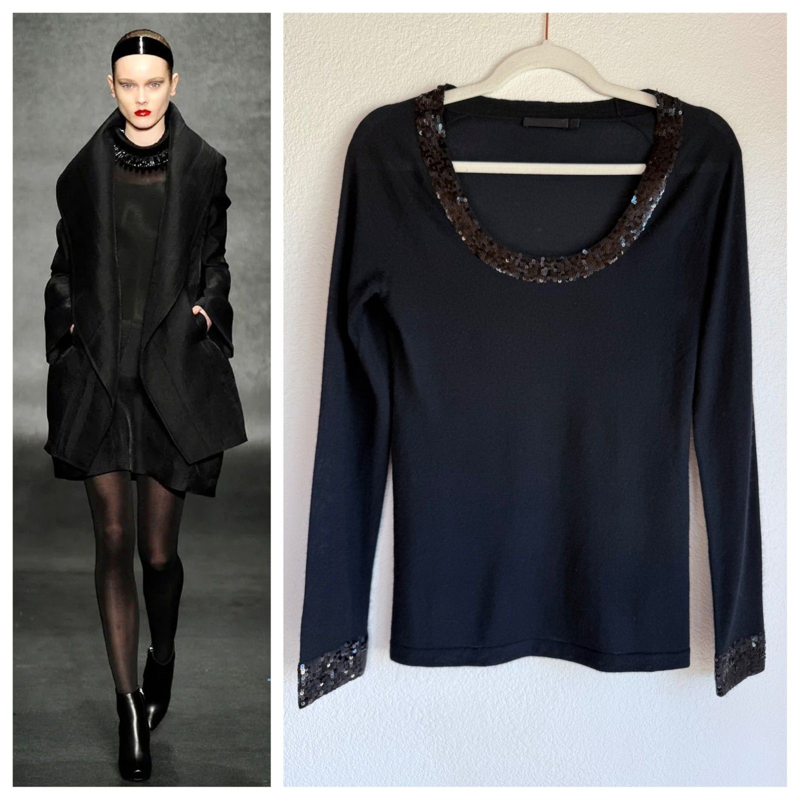 Vintage Donna Karan Collection Sequin Trim Cashmere Silk Blend Sweater in Black