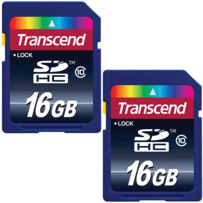 Two Transcend 16GB SDHC Class 10 Flash Memory Cards (TS16GSDHC10)
