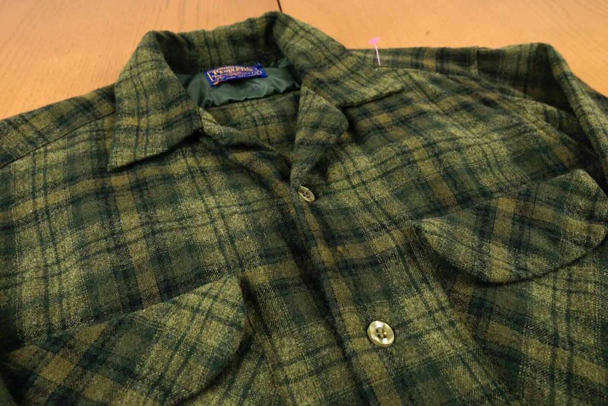 Vtg 60s Pendleton Board Shirt Small Men Green Plaid Wool Vtg 60s Pendleton Board Shirt Small Men Green Plaid Wool