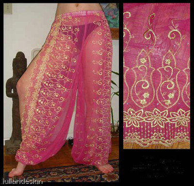 Harem Pants Belly Dance Fuchsia Pink w/ Gold Brocade Slit 