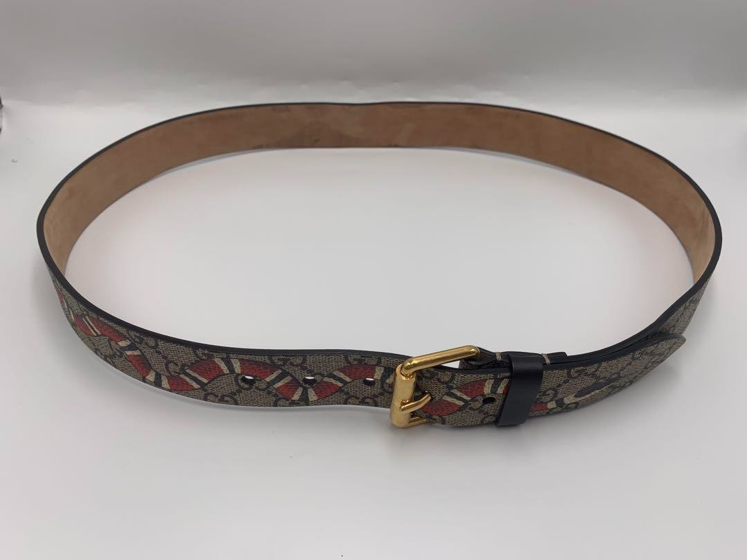 GUCCI GG Supreme King Snake Belt Buckle Gold Beige Leather PVC