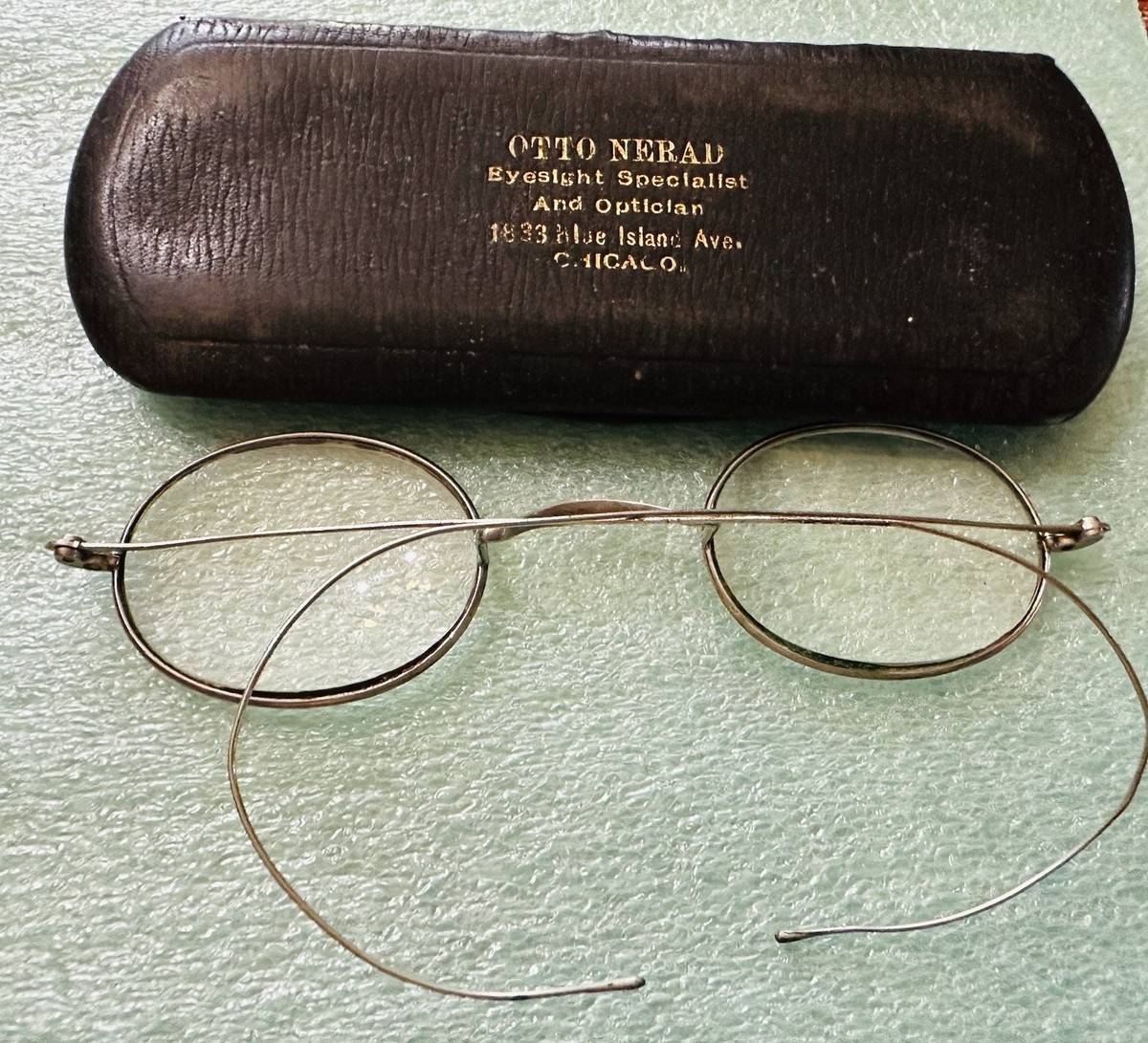Vintage Antique Oval Granny Glasses Chicago Optometrist Case Wire