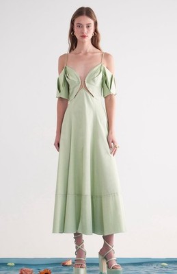 NWT Cult Gaia Dina Off Shoulder Cutout Midi Dress Sage Green Cotton Blend Size 8