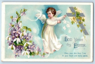 Easter Postcard Little Angel Holy Cross Flowers Clapsaddle Embossed 1911 Antique