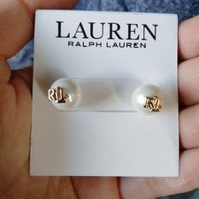 Lauren Ralph Pearl Earrings 0.9cm White Pearl Gold Logo Jewelry Japan