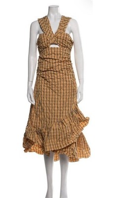 Cinq a Sept Plaid Print Midi Dress Blue Orange V-Neck A-Line Size XS