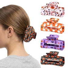 Halloween Printed Hollow Rectangle Hair Claw Clips 4 Pack, Pumpkin Ghost Skel...