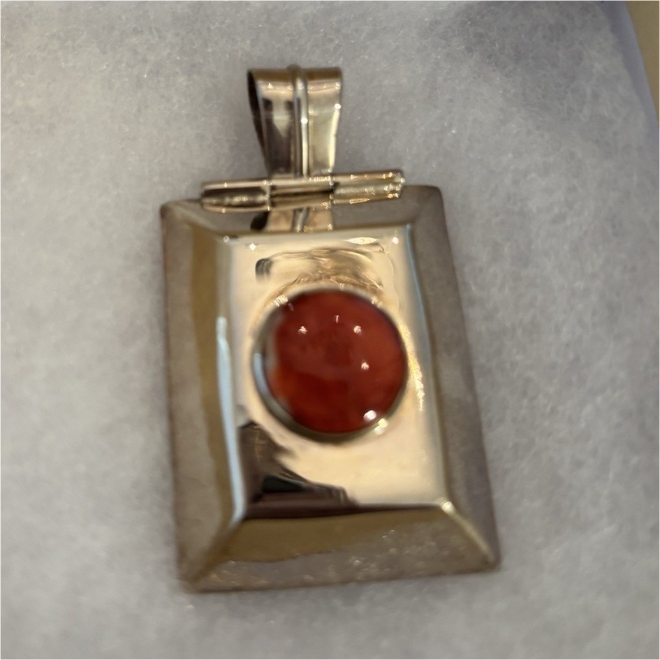 Silver Rectangular Pendant with Orange Round Ston… - image 1