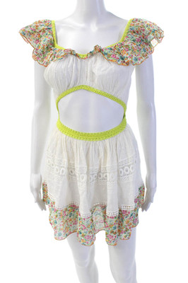 Chio Womens Floral Ruffled Off Shoulder Cut Out Cover Up Dress White Size Small
