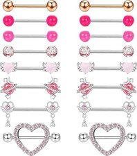 8 Pairs 14G Nipple Rings for Women 316L Stainless Steel Heart Butterfly Plane...