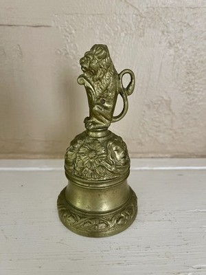 Antique Brass Lion With Shield Maidens Ornate Heavy Hand Bell European 4.7 