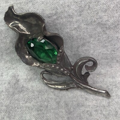 Vintage Signed Lois Nov N.Y.C  Flower Brooch Pin With Green Rhinestone 4'' X 1.5''