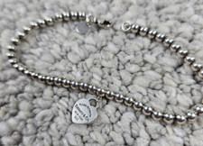 Tiffany 7" Sterling Silver 3mm Beaded Bracelet with Heart Tag 6.5 Grams Petite