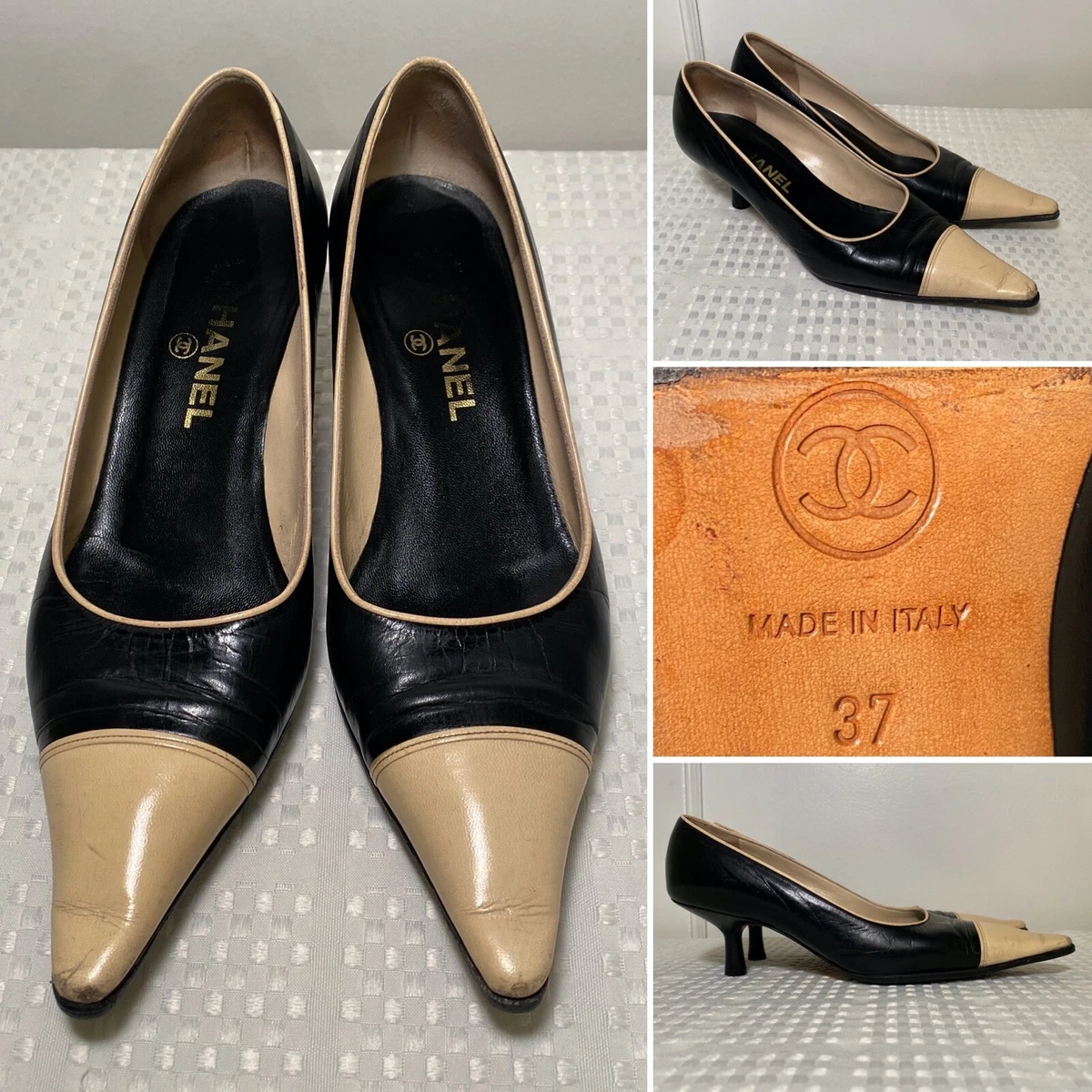 CHANEL Size 37/US 7 Black Beige Leather Pointed Cap-Toe Kitten Heels Pumps