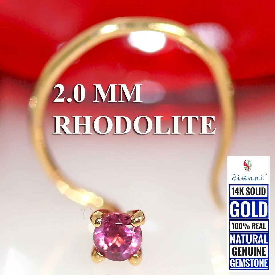 Piedras preciosas de rodolita natural de 2,0 mm de oro de 14 k pasador de nariz de boda anillo perno Foto 4 de 4