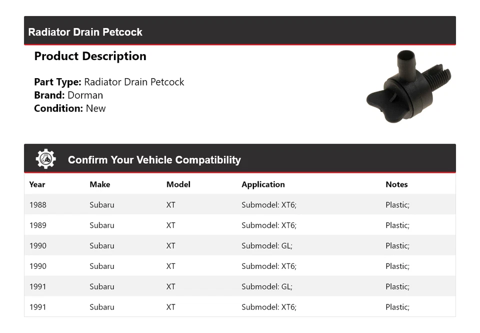 Para Subaru XT Dorman 1988-1991 radiador drenaje Petcock 1989 1990 Foto 2 de 4