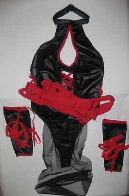 Shein cyberpunk ninja anime aesthetic faux leather bodysuit/teddy S black w/red