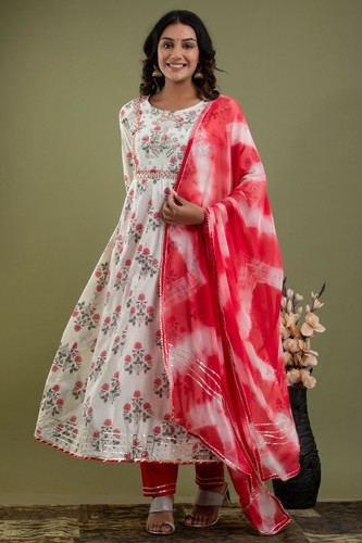 Red Cotton Embroidered Anarkali Kurti 