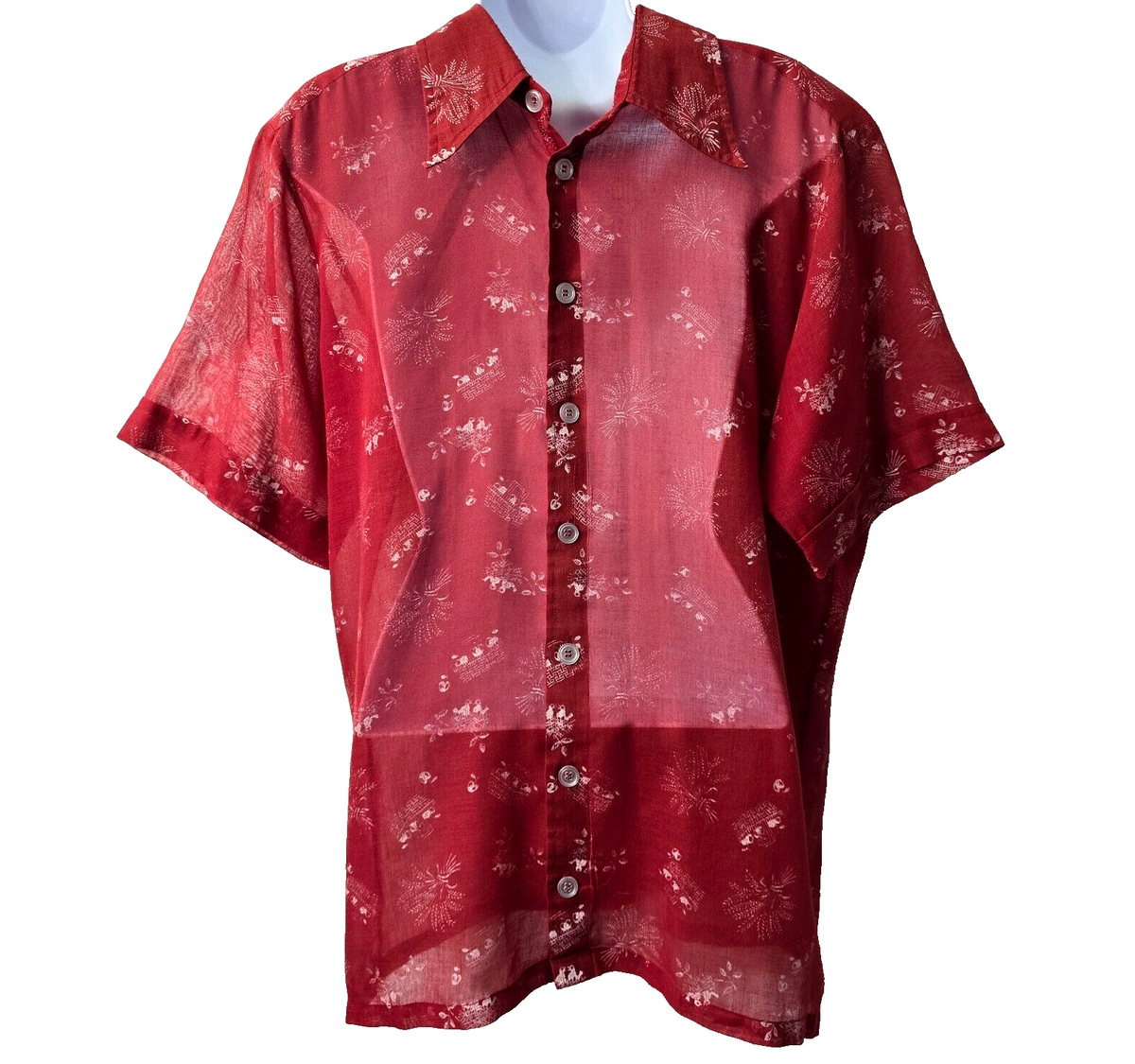 Gino Paoli Sheer Shirt L Men Red Nesting Birds Point Collar Cotton 