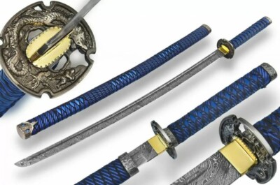 Handmade Damascus Katana Sword Personalized Sword Samurai Crane Tsuba & Scabbard