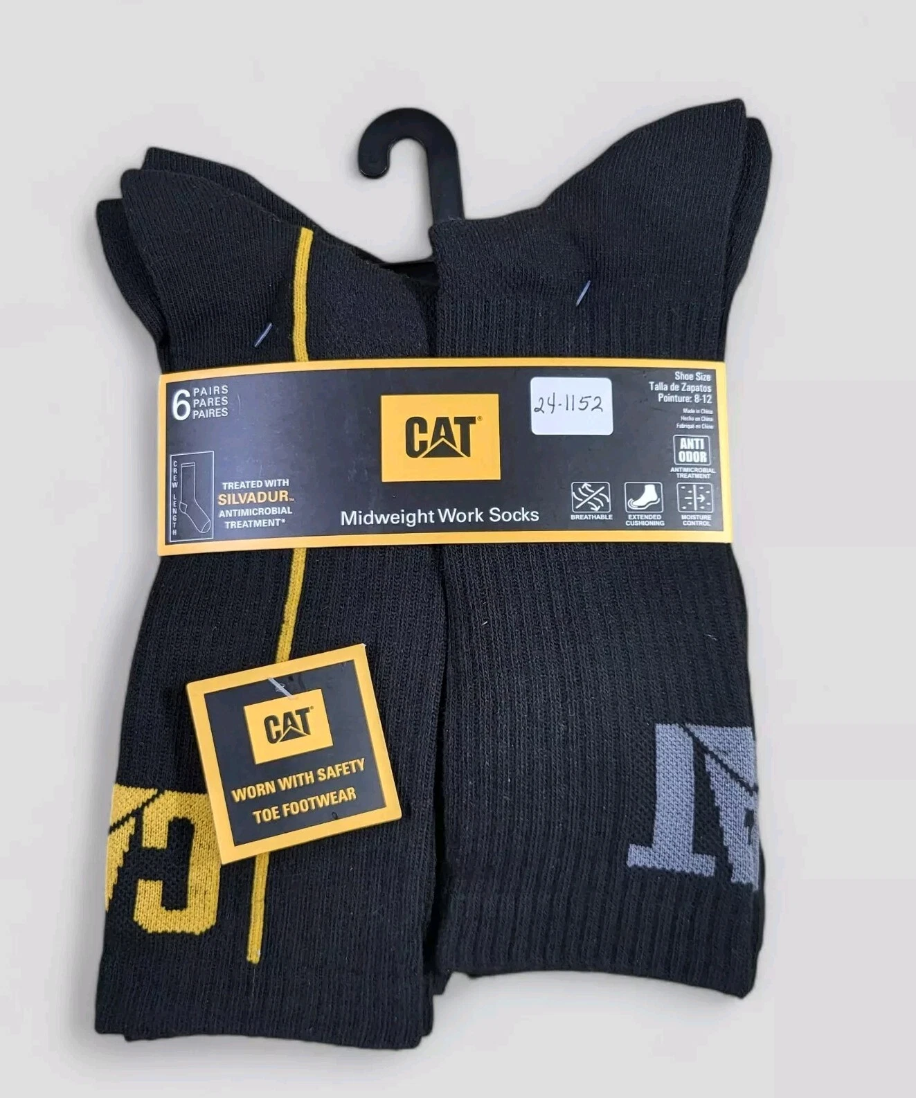 CATERPILLAR Mens Crew Socks Mid-Weight Boot Cushion 6 Pair Shoe Size 8-12 Black