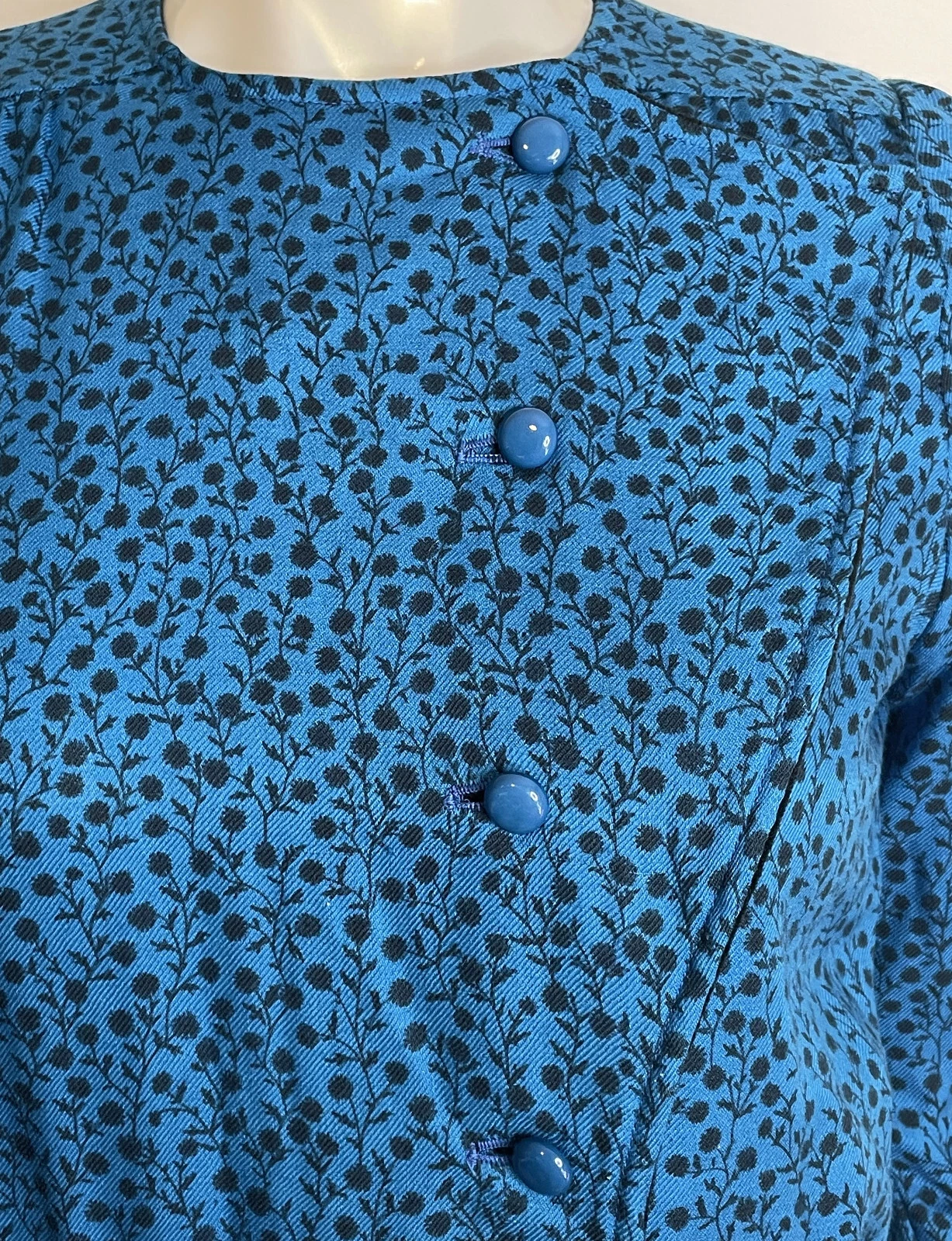 Abito Vintage Valentino Boutique Blu Floreale Lana 10 Gonna Pieghettata LS Bottone Fnt