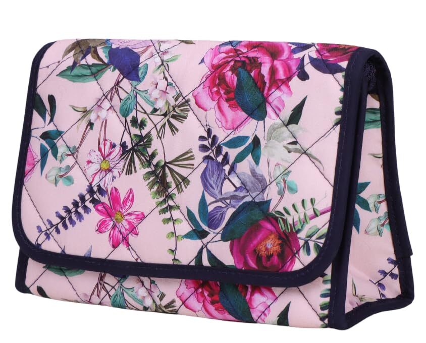 Travel Portable Purse Size Makeup Case Cosmetic Bag with Pink Florals - Cotton