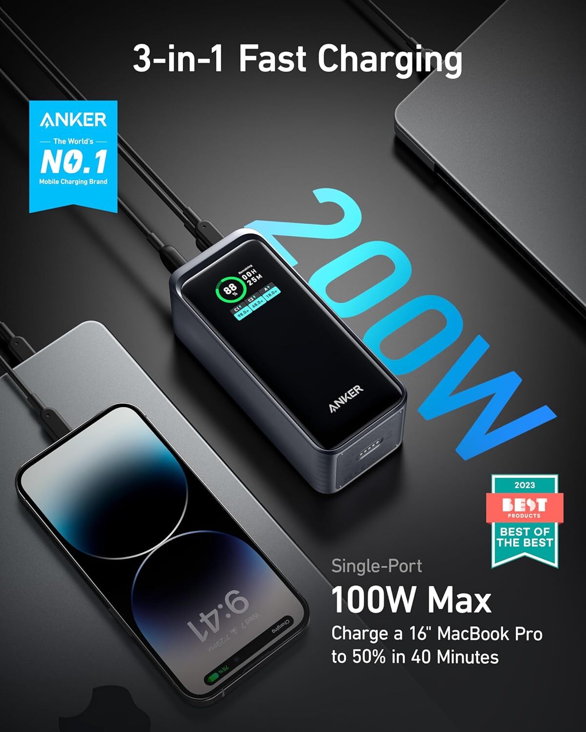 Anker Prime Powerbank 20.000mAh externer Akku mit 200W Leistung mit iPhone 14/13 Ansicht 2