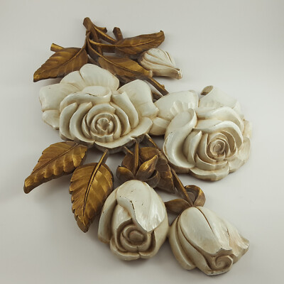 Syroco White Roses Flower 3D Wall Plaque Vtg A-4460 Gold Leaf