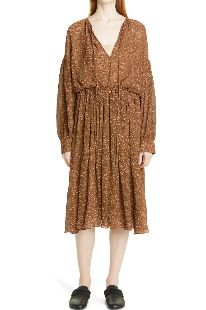 vince polka dot pleated dress Vince Brown Polka Dot Long Sleeve Pleated Midi Dress Large NWT