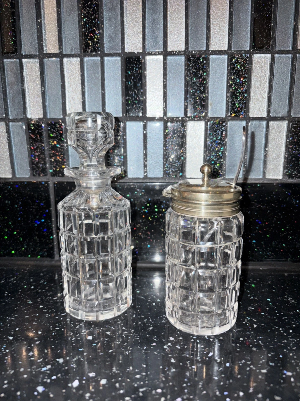 VTG Cut Glass & Silver Plate Cruet Pot + perfume bottle w Stopper VGC