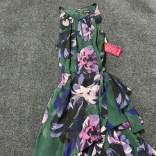 Tahari Arthur S Levine Dress Womens 8 Green Floral Tiered Ruffle Sleeveless